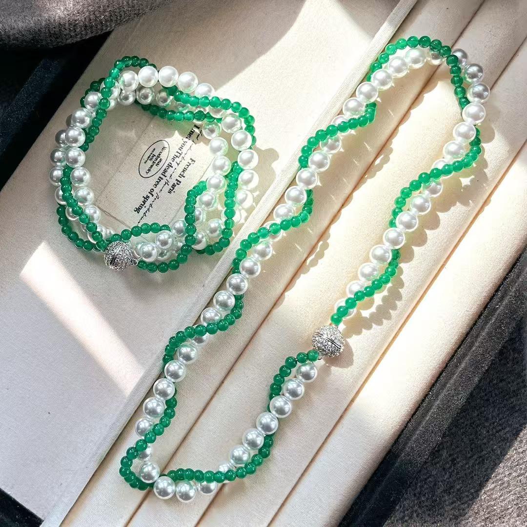

Vintage Strong Light Artificial Crystal Pearl Natural Chalcedony Wound Double Necklace Collarbone Chain