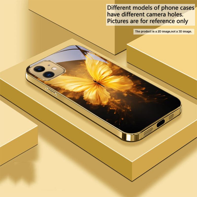 Flame Warm Butterfly For IPhone 17Pro Max 16 17 Pro 15 Pro 14 13 Plus 12 Mini 11Pro Max XR 16E 17Air Golden glass phone case