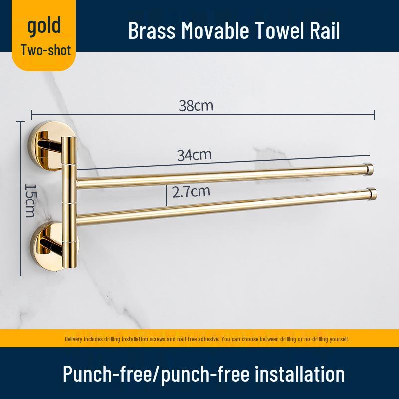 Rotatable Gold Foldable Copper Towel Rack - Punch-Free Multi-Bar for Bathroom