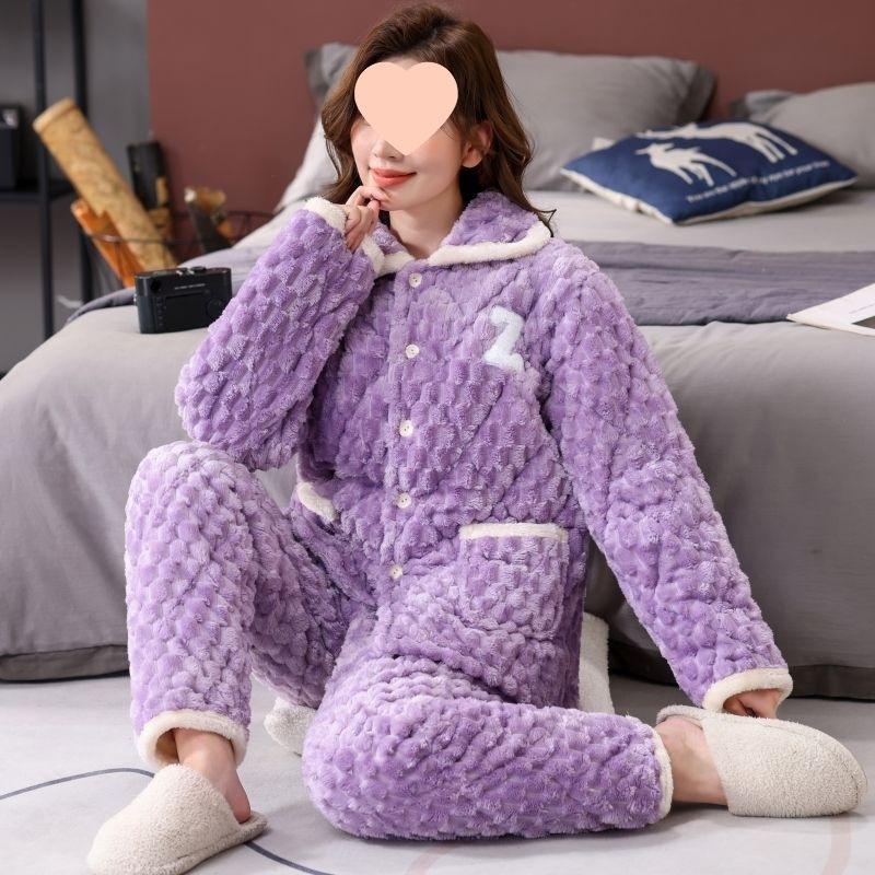 Pajamas women's winter warm winter fleece thickened coral fleece three layers of cotton autumn and winter women's loungewear