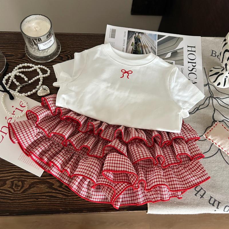 Korean Style 2025 Summer Girls' Bow T-shirt & Plaid Skirt Set