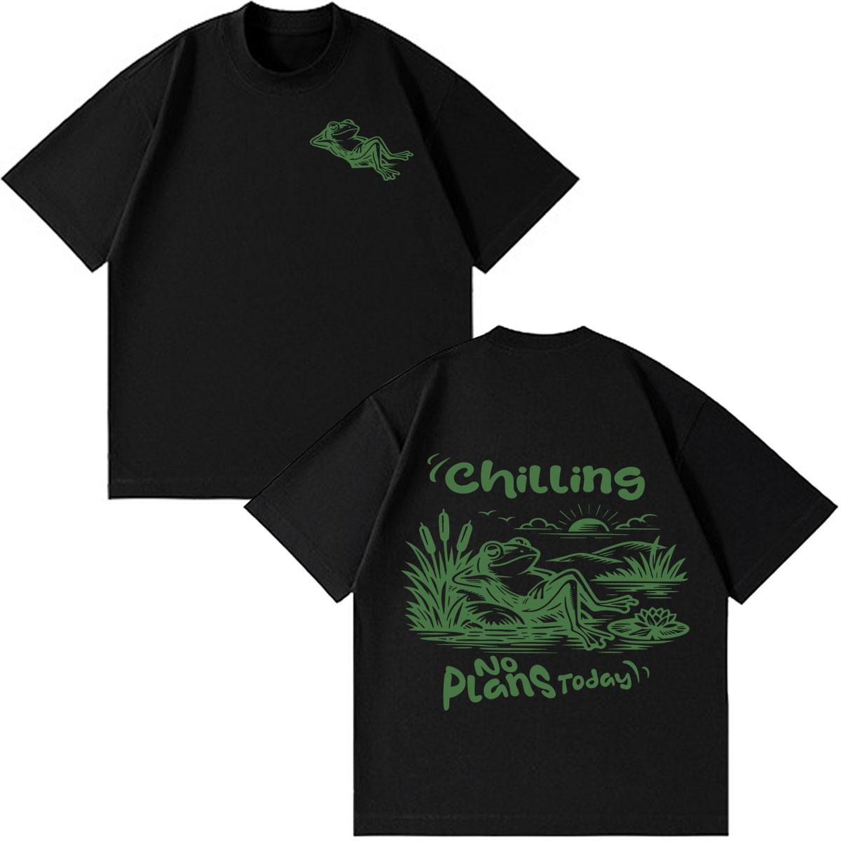 Funny Frog Meme T-Shirt No Plans Today Chill Frog Print T Shirt Men Women Cotton Hip-hop T Shirt Short-sleeved Fashion T-shirts 4XL