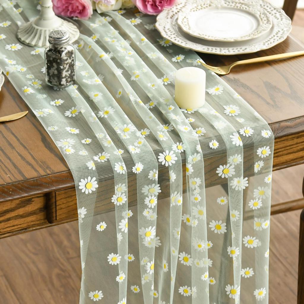 Grüner Gänseblümchen Netz-Gaze Tischläufer, Frischer Stil Durchsichtiger Chiffon-Netz-Blumen Tischdekoration Für Weihnachten Hochzeit Party
