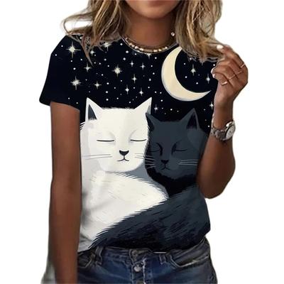 Women T-Shirt Cartoon Anime Cats 3D Print Y2k Elegance Vintage Short Sleeve Elegant Casual Comfortable Polyester Diagonal Collar