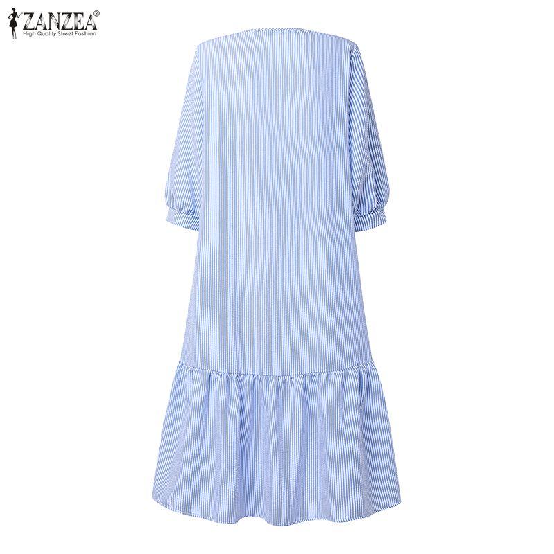 ZANZEA Women Casual Round Neck Half Sleeve Loose Stripe Dress