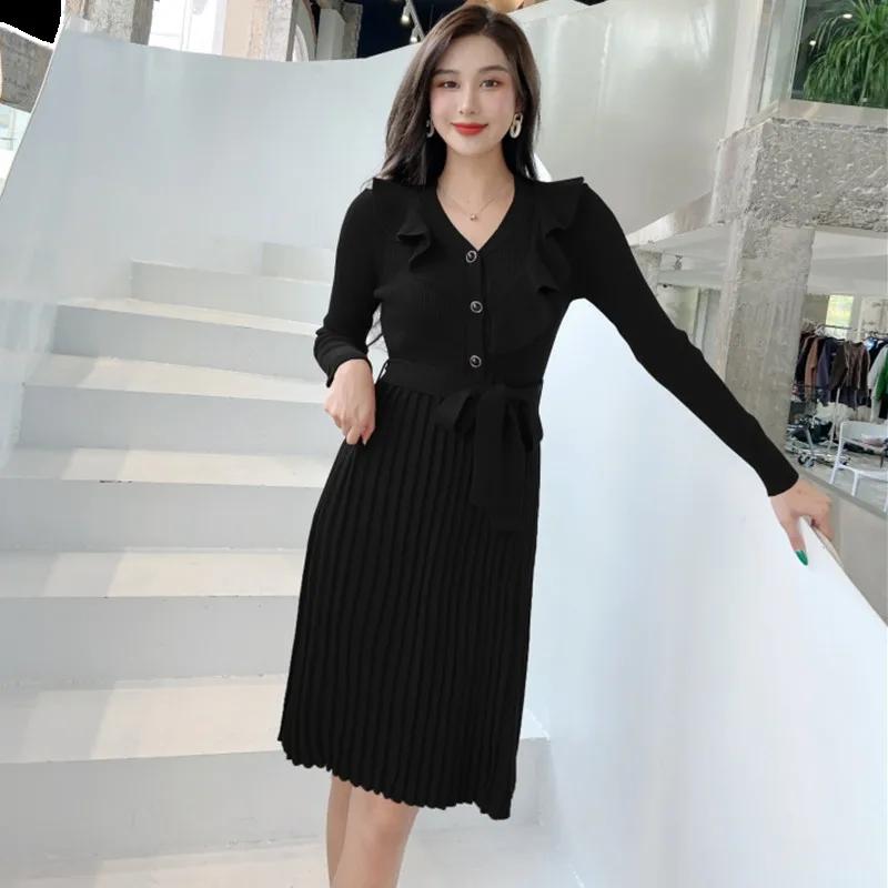 

Длинный рукав Плюс размер Трикотажные винтажные новые платья для женщин повседневные свободные миди весна осень зима свитер платье чёрный