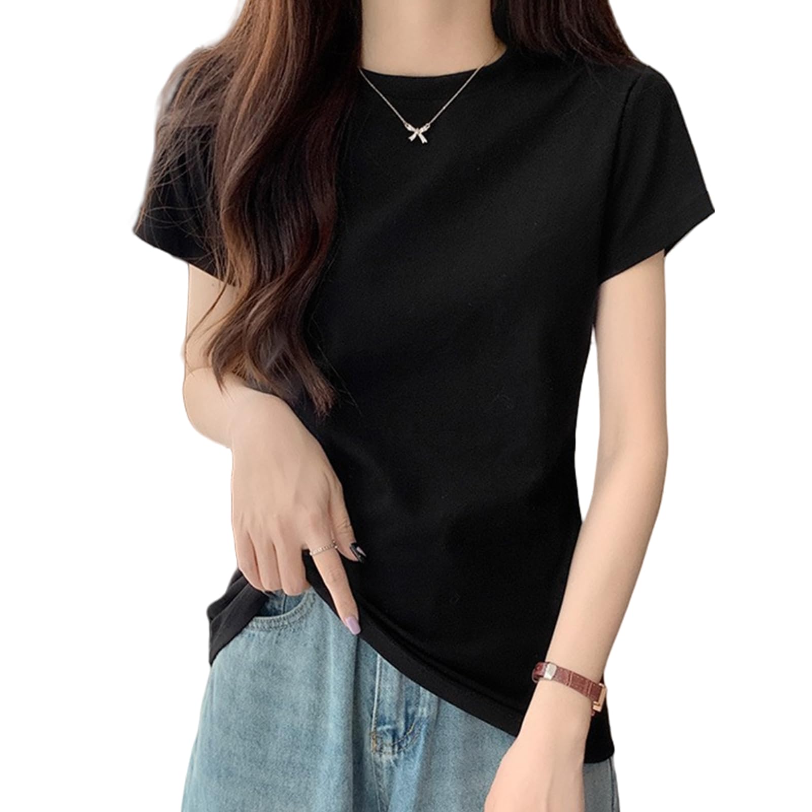 

Короткий крой и тело на лето [Merelop Ceto] Женская футболка, Рукав, Футболка, Топ, Сшитый, Однотонный, Многослойный, Тонкий, Дышащий, Закрывающий, чёрный