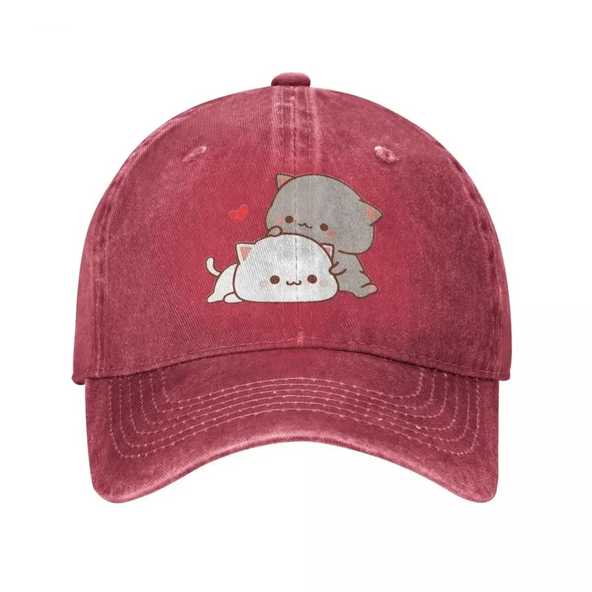 Peach And Goma Cartoon Unisex Baseball Cap Mocha Mochi Peach Cat Distressed Washed Hats Cap Retro Outdoor Workouts Snapback Cap One Size
