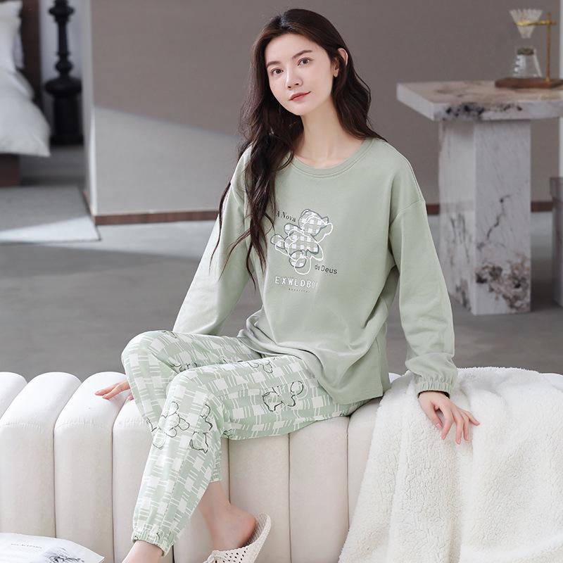 Ensemble de Pyjama pour Femme 100% Coton – Respirant, Absorbant la Sueur, Manches Longues Col Rond pour Porter à l'Intérieur et à l'Extérieur (Automne hiver)