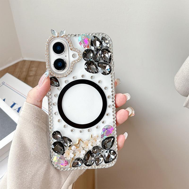 Rhinestone Flower Magnetic Phone Case for Apple 16 Promax Luxury for IPhone 17 Personalized Trendy 15 Female Model