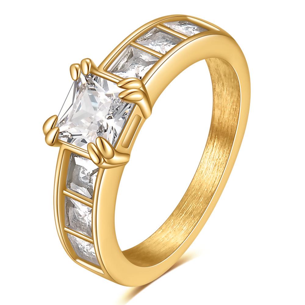 18K Gold Plated 7MM Square Zircon Inlaid Titanium Steel Couple Ring Size 6