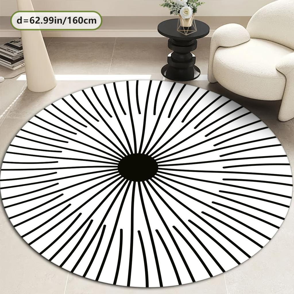 Crystal velvet carpet Modern Round Area Mat -  Crystal Velvet, Non-Slip Dot Backing, Black & White Line Design,