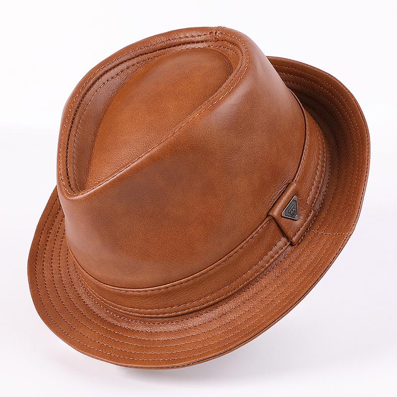 Men's Cowhide Fedora Hat - Autumn/Winter Retro Leather Gentleman's Jazz Cap for Middle-Aged & Elderly