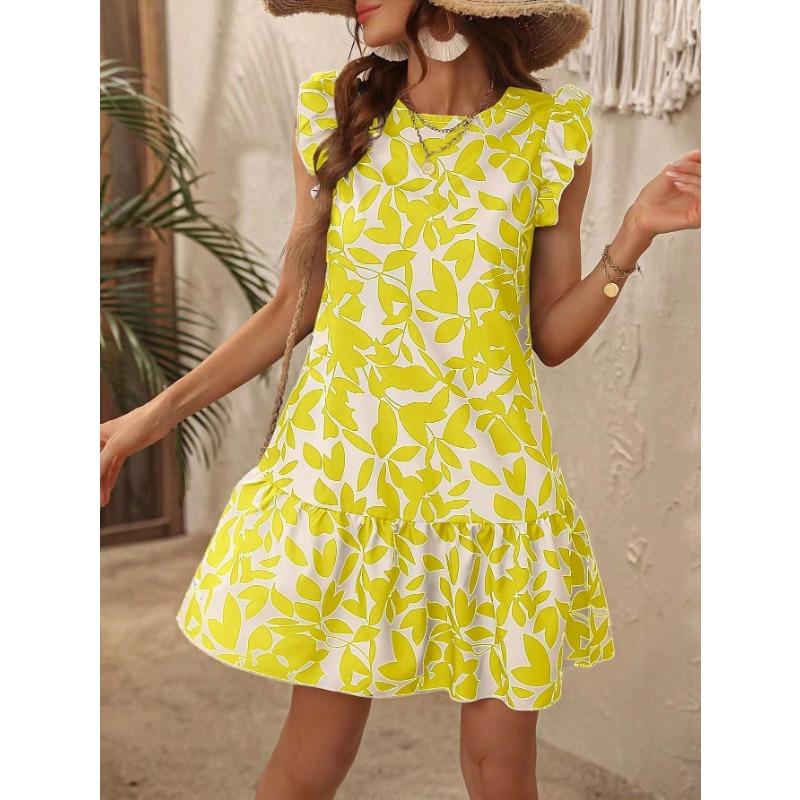 YYFS Dámská móda Léto Jaro Květinový potisk Ležérní šaty bez rukávů s výstřihem do O s vysokým pasem