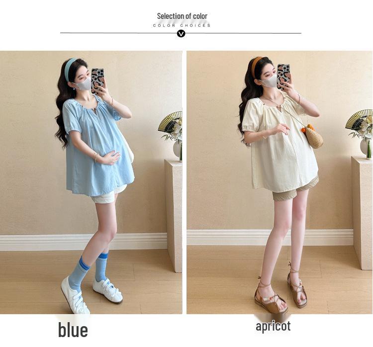 2026 Summer Maternity French Doll Shirt Top & Belly Support Shorts Set