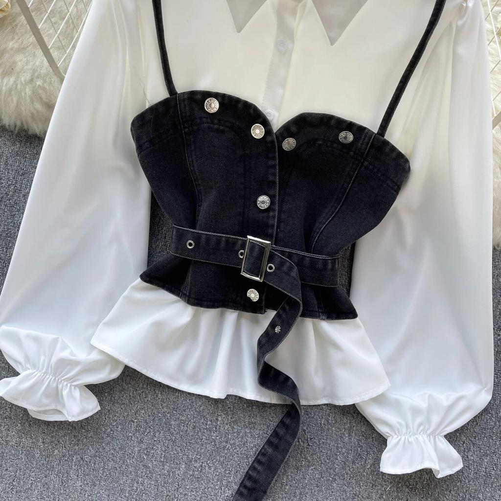 Koreanische Serie Tragen Alter-Reduzierung Set Retro Denim Cami Gestapelt Alle-Matching Puff Sleeve Shirts Zwei-stück Set Top
