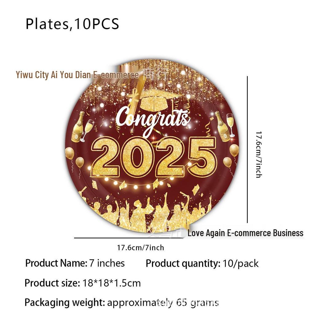 Graduation Party Disposable Tableware Set: Paper Plates, Cups, Banner, Tablecloth, and Knives. Perfect for University Graduation Celebrations.