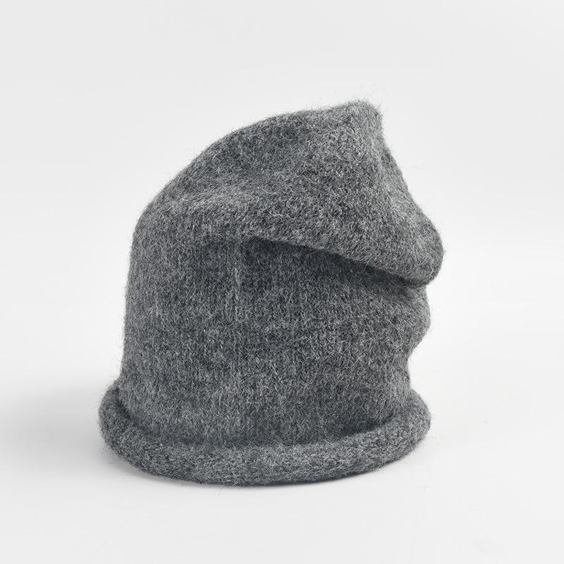 Myk Varm Blandet Ull Sømløs Strikket Lue for Kvinner Høst Vinter Casual Allsidig Oppbrettet Kant Luvlue Kald Vær Lue