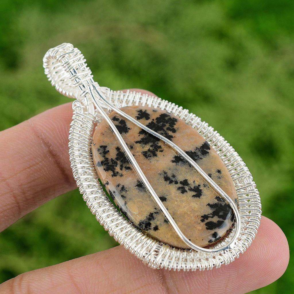 Oval Honey Dendrite Opal Stone Wife Wire Wrapped Pendant Jewelry Sterling Silver