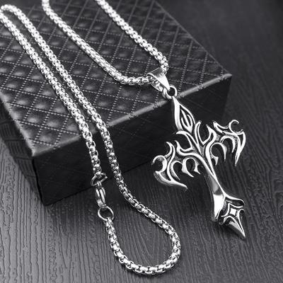 Collana con ciondolo a forma di croce con fiamma gotica, da uomo, con catena in acciaio inossidabile da 50 cm, regalo punk
