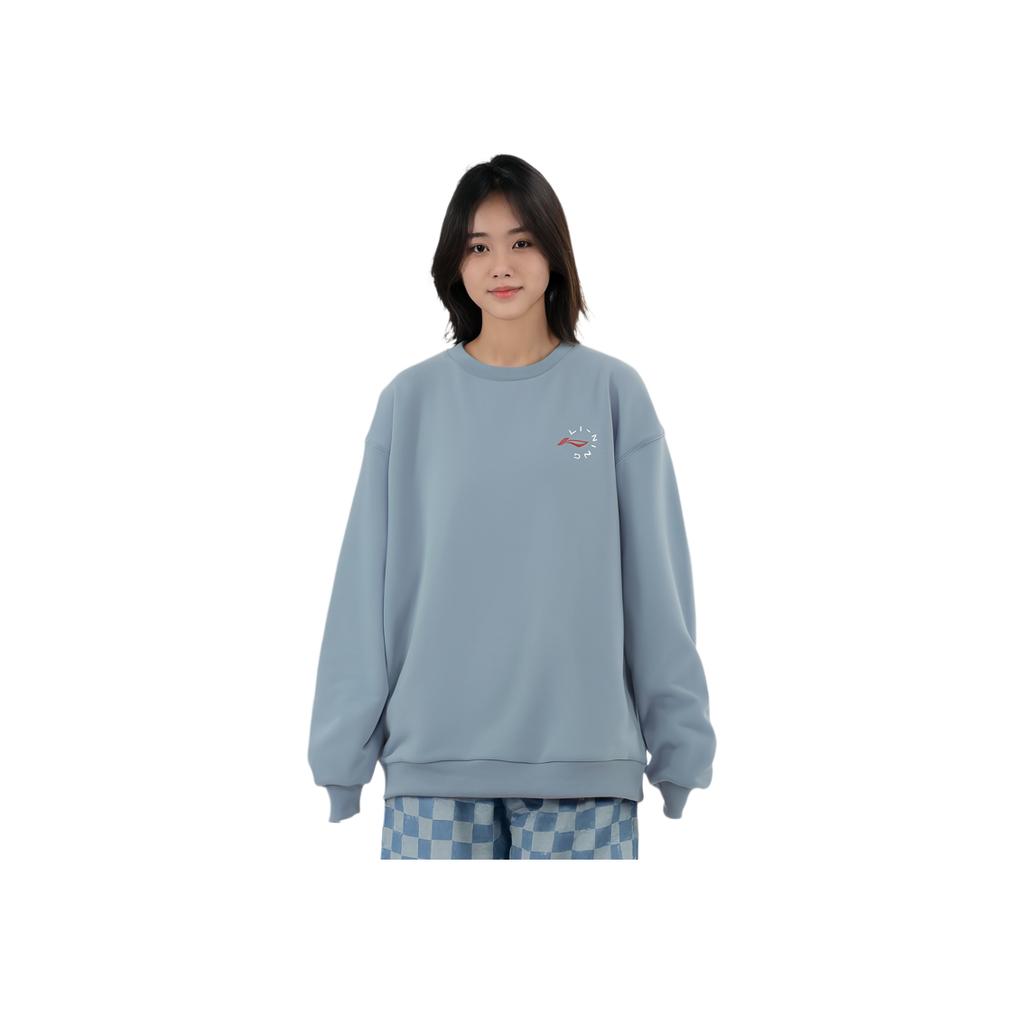 Li Ning Fitness Series Logo Print Solid Color Loose Round Neck Pullover Sweatshirt Women Sweatshirt Mist-Blue AWDR874-7