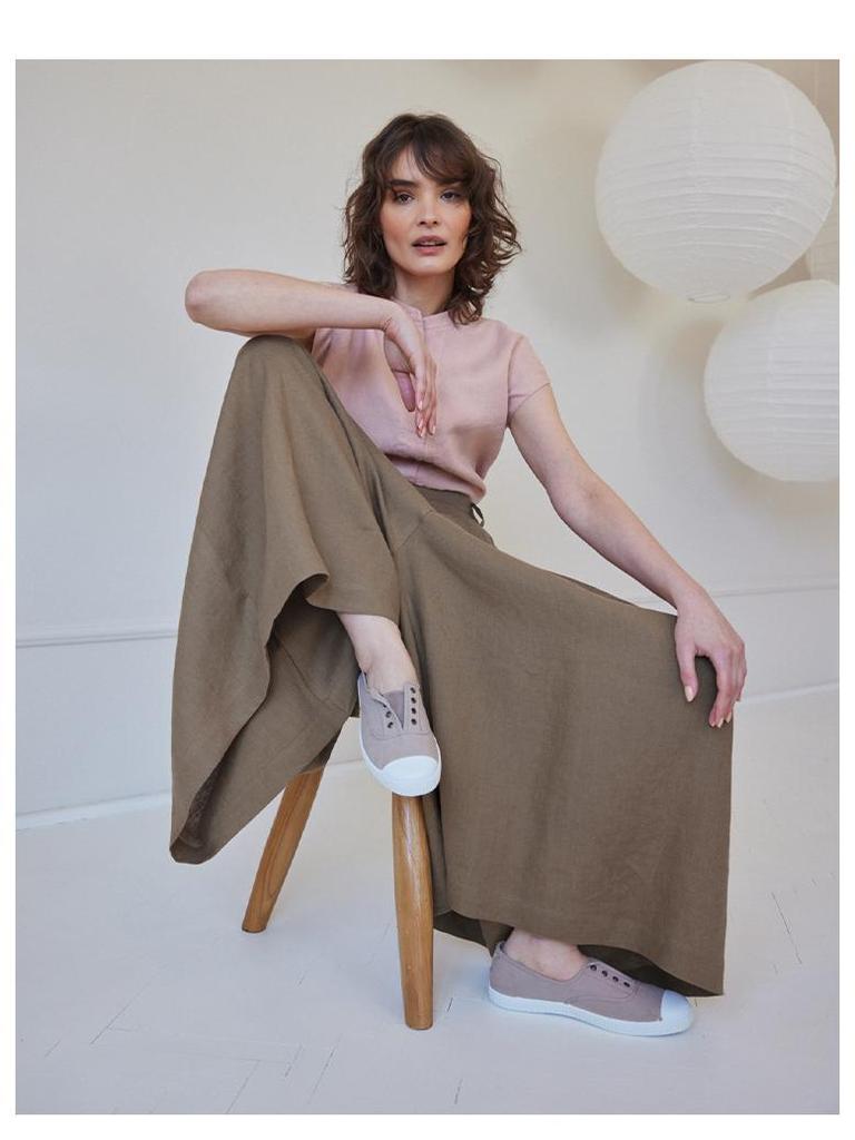 High-Waisted French Retro Linen-Cotton Wide-Leg Cropped Pants with Crinkled Texture