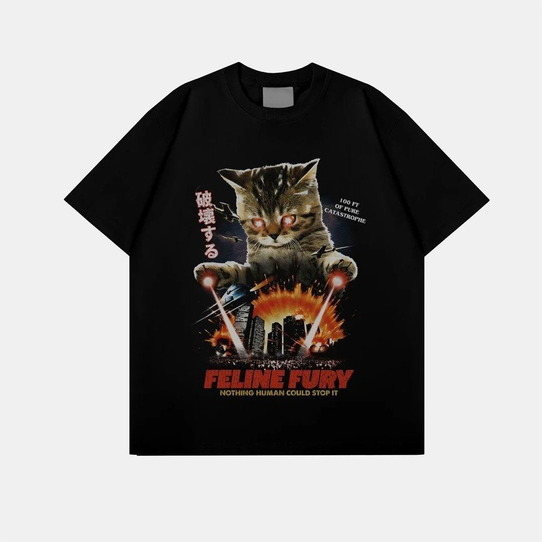

Creative Monster Cat Printed Pure Cotton T-shirt Men and Women with The Same Round Neck Cotton Short-sleeved T-shirt Harajuku S