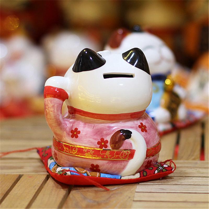 2 Pieces Couple Maneki Neko Ornament Ceramic Lucky Cat Home Decoration Gift Feng Shui Piggy Bank Statue (1 Boy + 1 Girl) 14cm