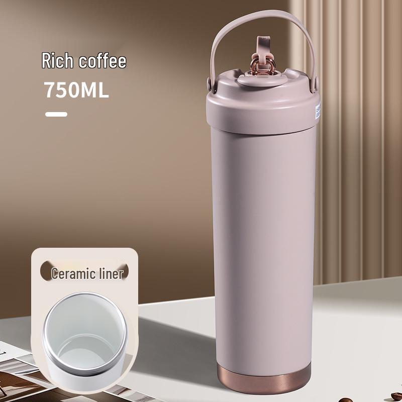 Premium Ceramic Coffee Cup with Straw - Insulated Double Wall Design for Men & Women, Cold/Heat Retention, Engraved Handle.