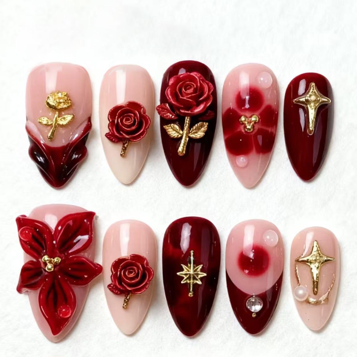 30-Piece 3D Rose & Gold Foil Almond Nail Tips – Ultra-Short, High-End, Wearable Design Available Now