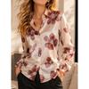Women Green Satin Blouse White Floral Print Long Sleeve Button Down Shirt Elegant Spring Autumn Office Lady Top Casual Wear New