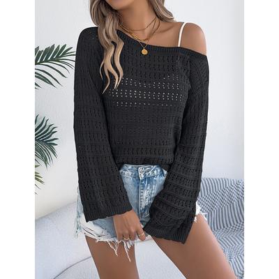 Sexy Off Shoulder Knit Tops For Women Loose Slash Neck Hollow Out Long Sleeved Knit Sweater Casual Loose Feminina