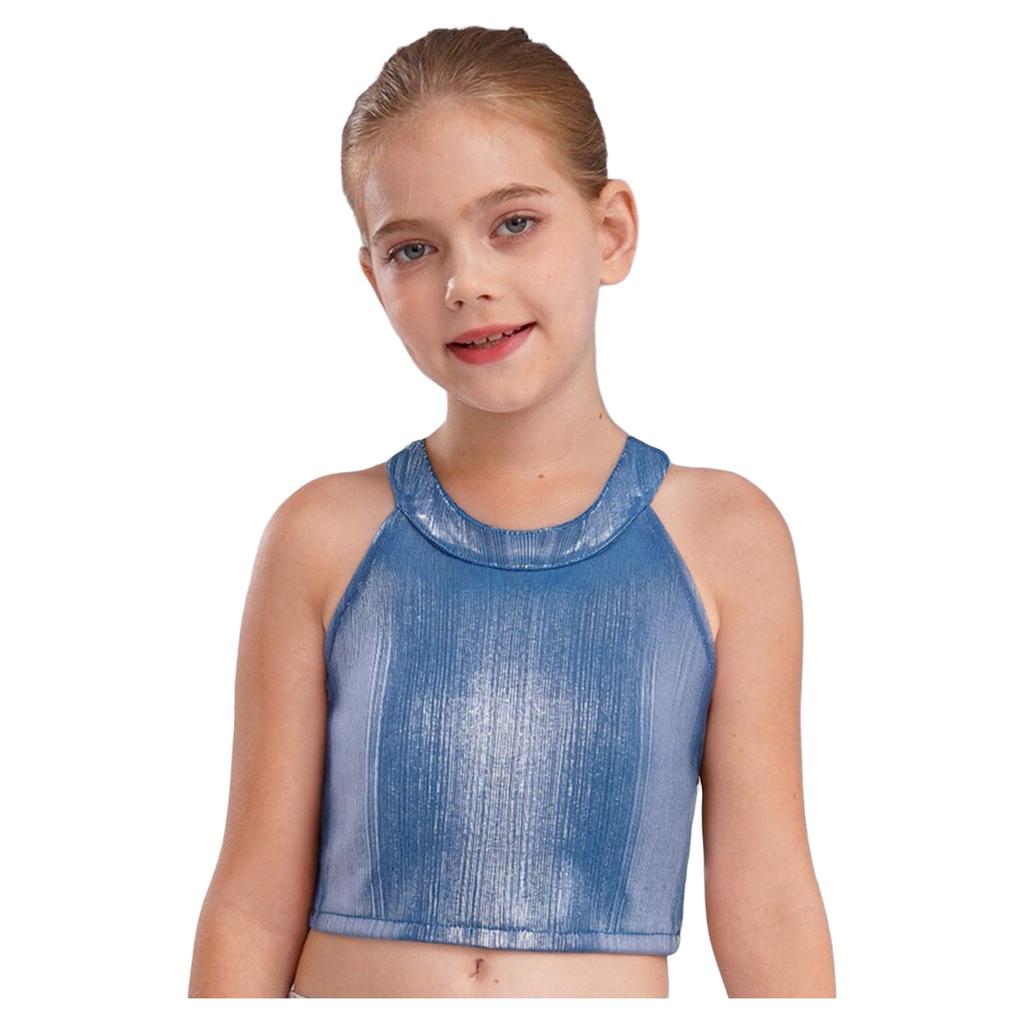 Mädchen Metallic Ärmelloses Crop Top Schimmerndes Camisole Hip Hop Jazz Tanz Bühnenperformance Top