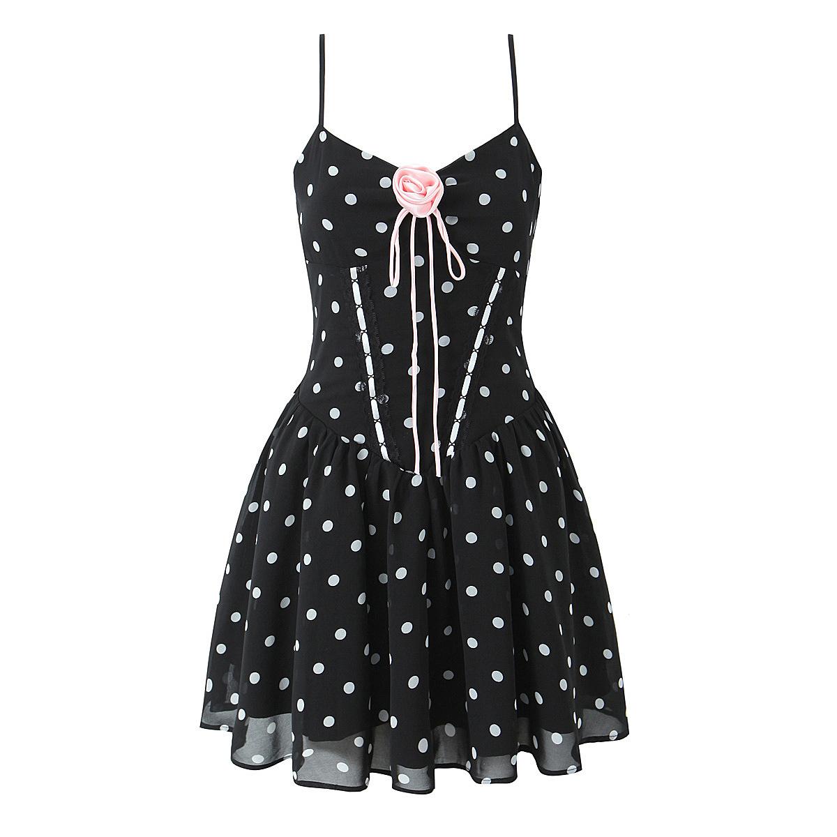 Women s clothing popular French sweet sexy slim black polka dot flower suspender dress S