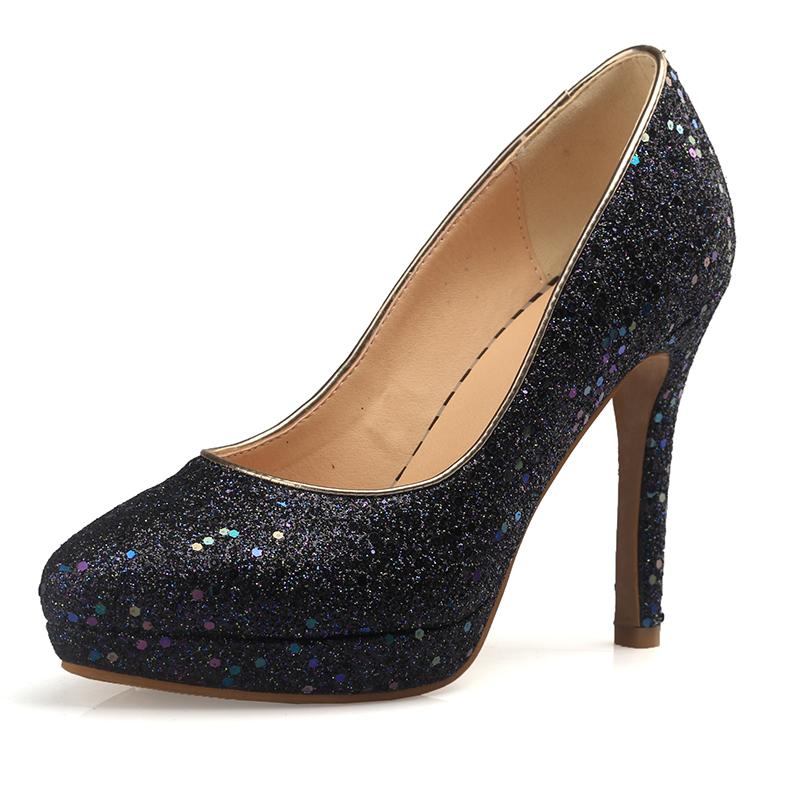 Women's High-heeled Single Shoes Fashion Sequined Banquet Wedding Shoes Waterproof Table Fine Heel Shallow Mouth Large Size Four-season Shoes