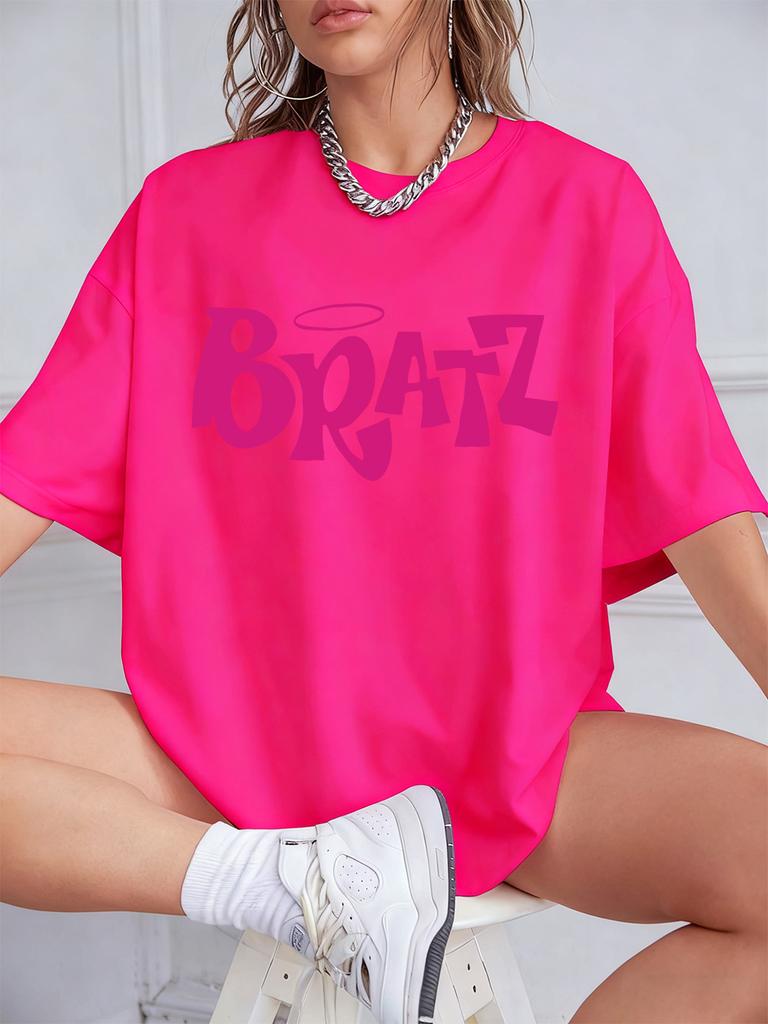 Y2K Pink Bratz Letter Prints Short Sleeve T-Shirts Womens Summer Cotton Tee Shirts Loose O-Neck Comfortable Tops Street Clothes