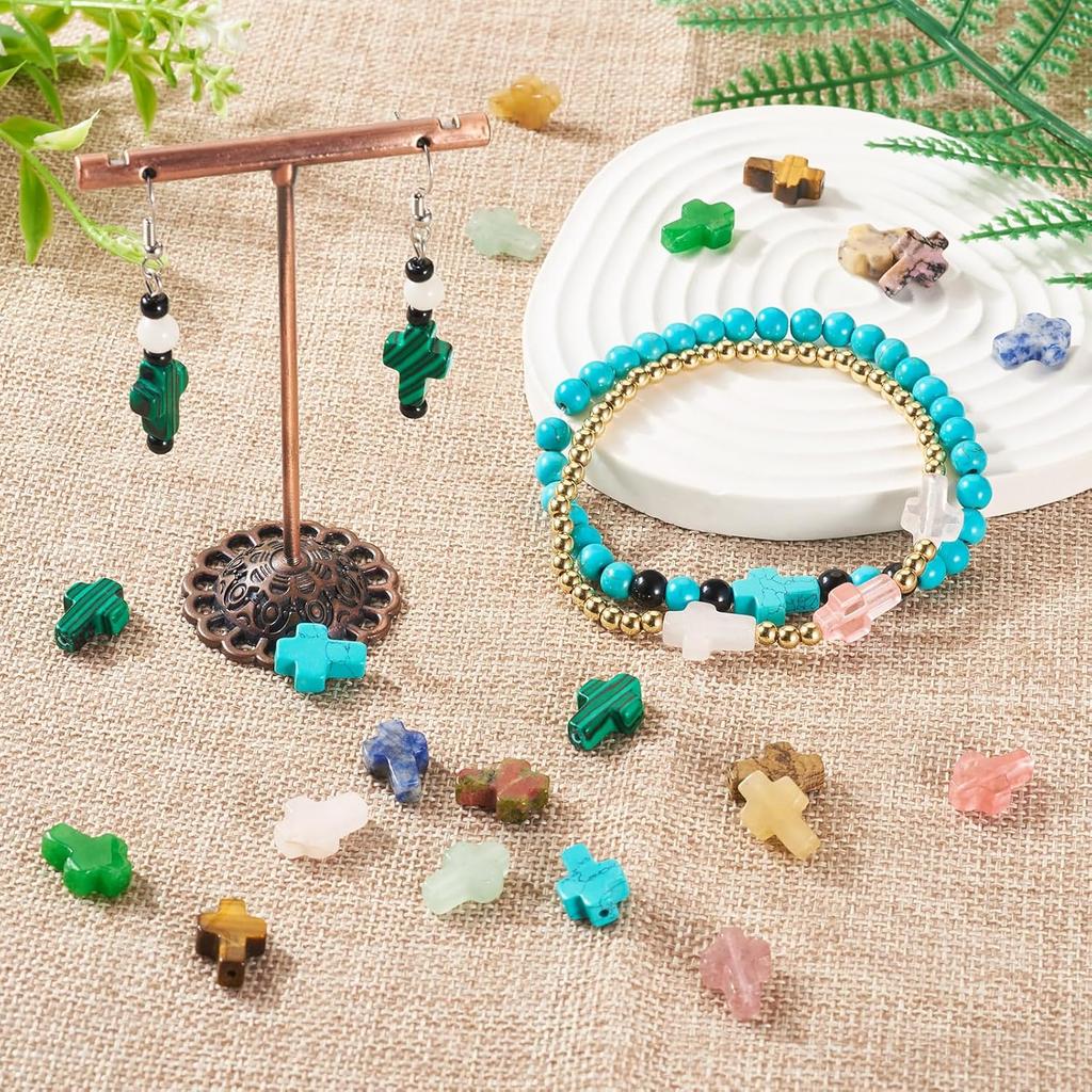 30 Pcs Gemstone Cross Beads Small Cross Crystal Stone Beads Turquoise Cross Beads Small Cross Crucifix Charms for Easter Holiday Bracelet Necklace