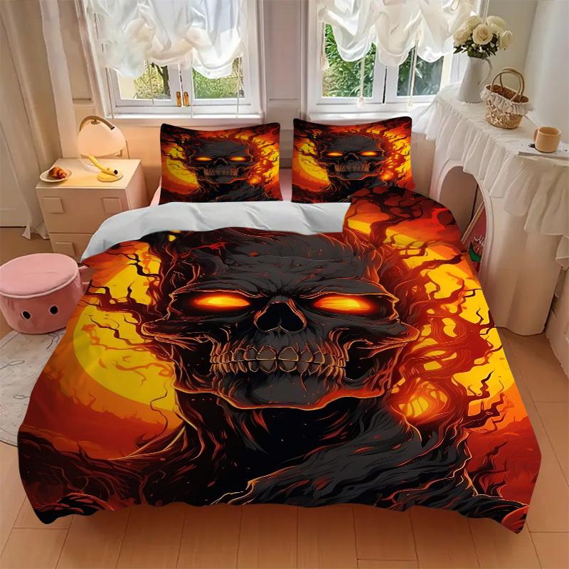 3pcs Fiery Skull Duvet Cover Set - Machine Washable, Includes 1 Cover and 2 Pillowcases, No Core Included Yy251013101