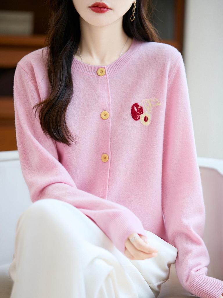 Cherry Embroidery Women's Wool Cardigan: Age-Reducing, Round Neck, Autumn/Winter Casual Knit Sweater Coat Design.