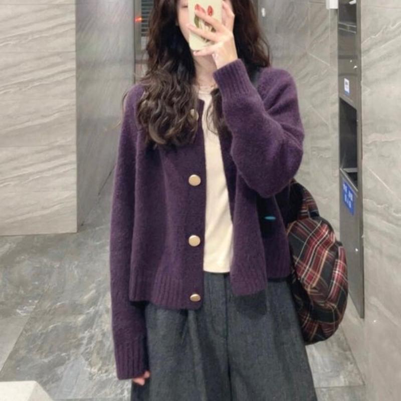 Purple Raccoon Down Cardigan Sweater Coat for Women Autumn Winter Loose Lazy Style Outerwear Knitted Top