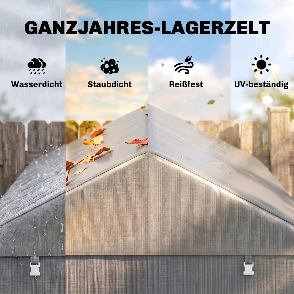 Waterproof storage tent garden shelter, motorcycle shelter with roll-up door and zipper, 160 x 218 x 172 cm, light gray