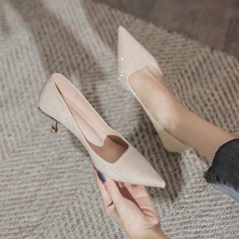 Spring High Heels Niche Design Sense Versatile Nude Thin Heel Pointed Single Shoes Women