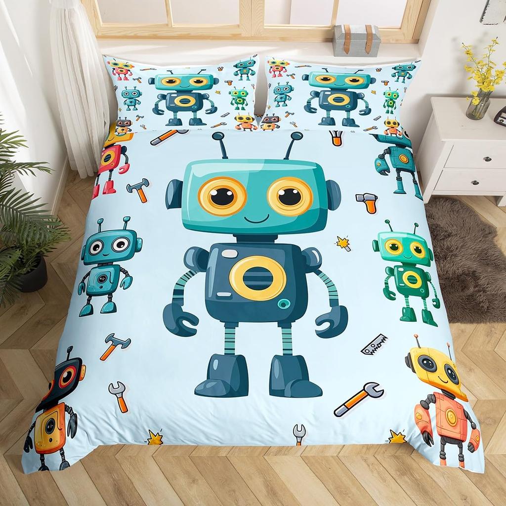 Cartoon Robot Duvet Cover Watercolor Screw Tools Bedding Set Modern Sci-Fi Robot Comforter Cover For Kids Polyester Quilt Cover