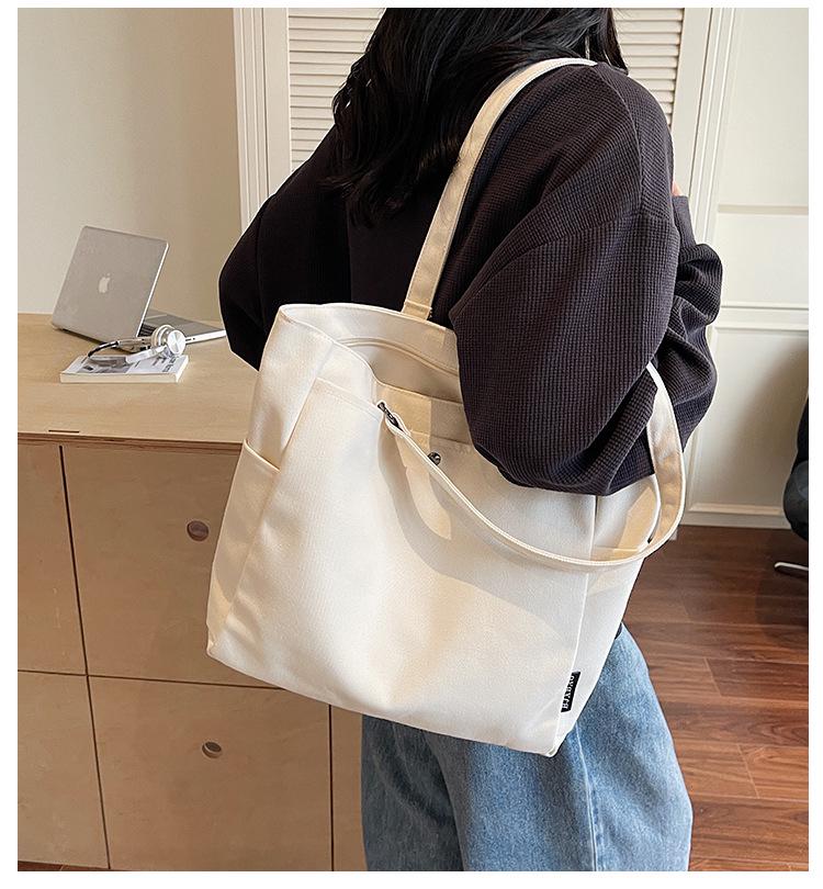 Korean Style Large Capacity Canvas Tote Bag - Lightweight, Solid Color, Shoulder Handbag with Print Logo
