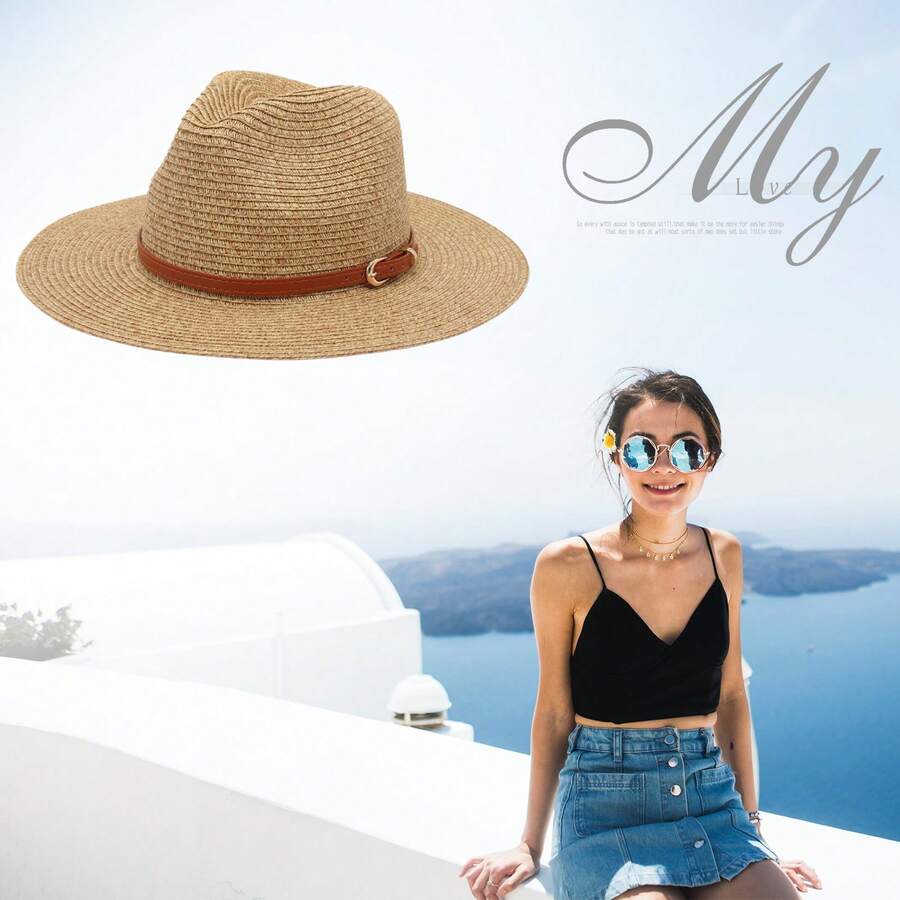 Womens Panama Straw Hat With Brown Leather Strap For Beach Outdoor Sun Protection