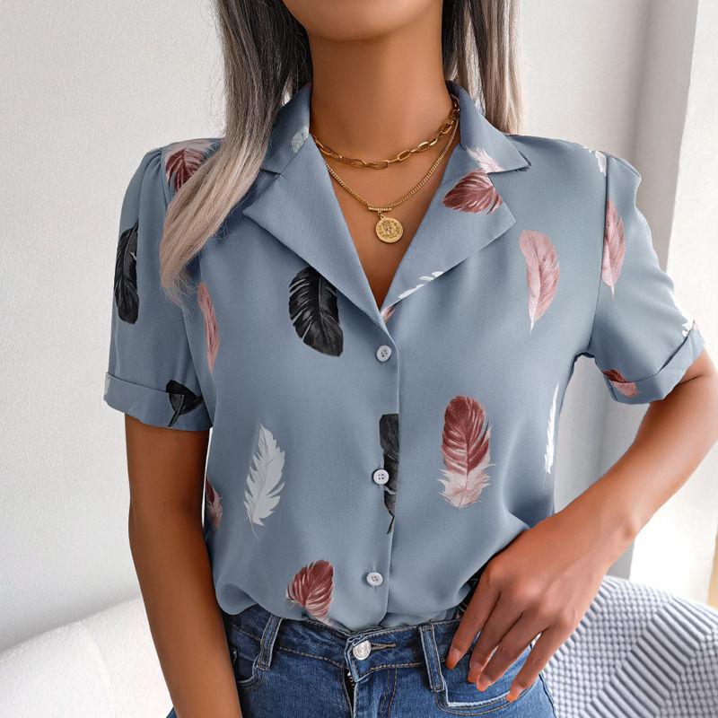 Women Summer Suit Collar Feather Loose Short Sleeve Shirt Blouses Loose All Match Tops