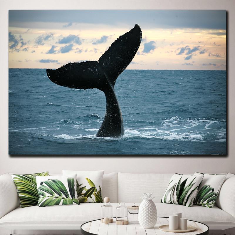 Natural Blue Whale Fish Tail Canvas Painting Wall Art Seascape Animal Killer Whale Posters and Prints for Living Room Home Decor