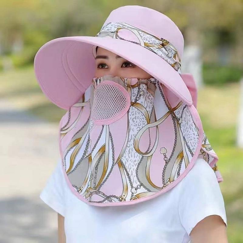 1Pieces Summer Women Wide Brim Garden Work Shade Hat Face Mask Detachable Sunhat Outdoor Print Breathable Mountaineering Scarf