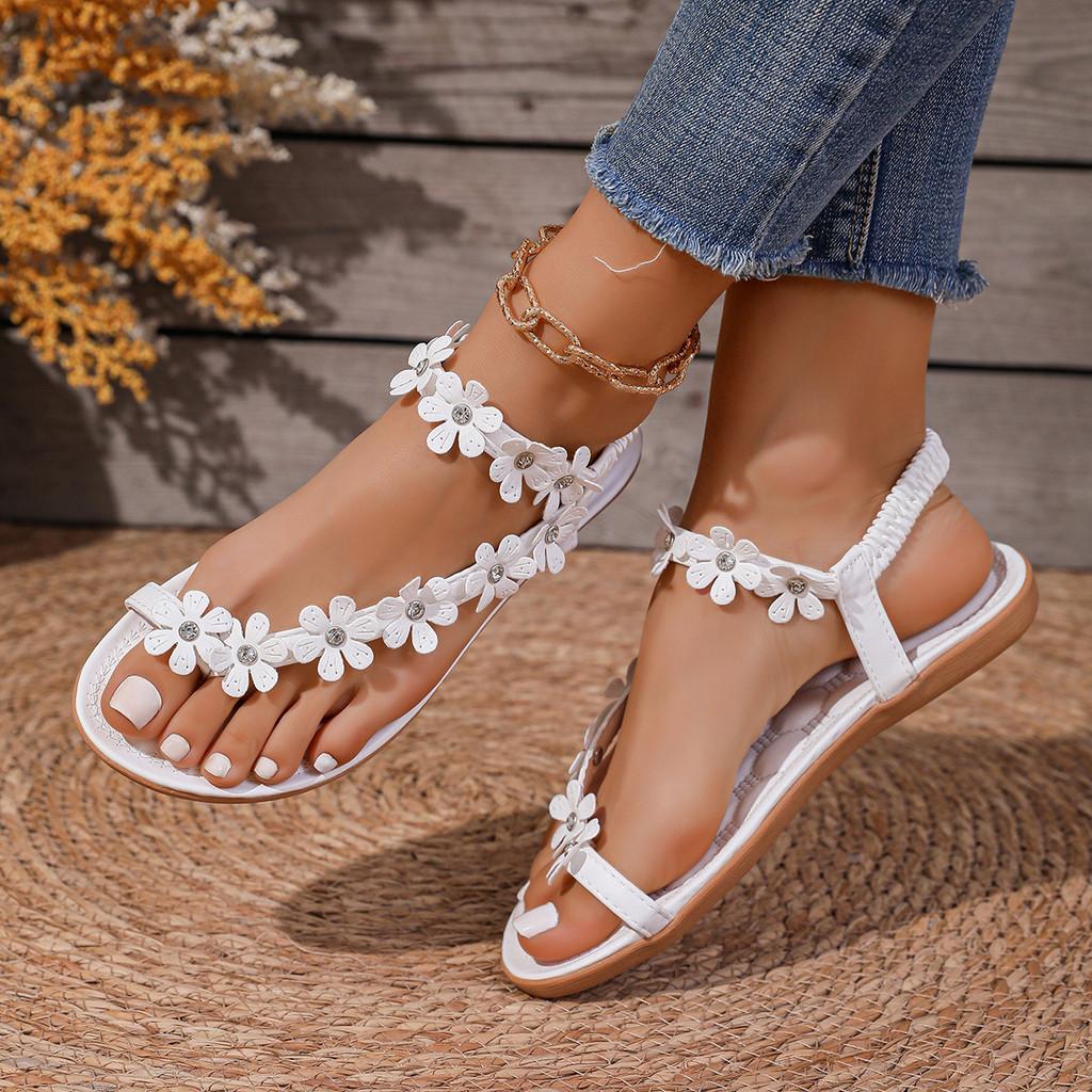 Beach Sandals For Women With Flower Print And Elastic Strap Perfect For Summer Vacation