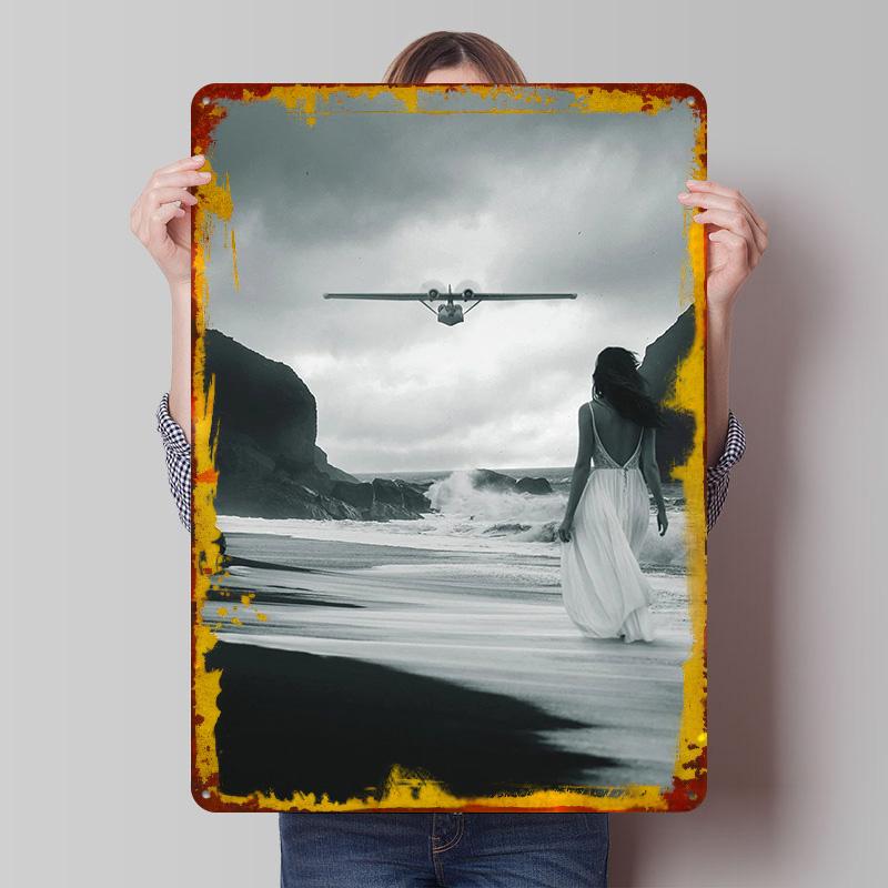 

Woman Watching Plane on Beach Tinplate Poster Customized Wall Art Vintage Retro Metal Signs for Decoration Bedroom Decorations 7.9x11.8In(20x30cm)